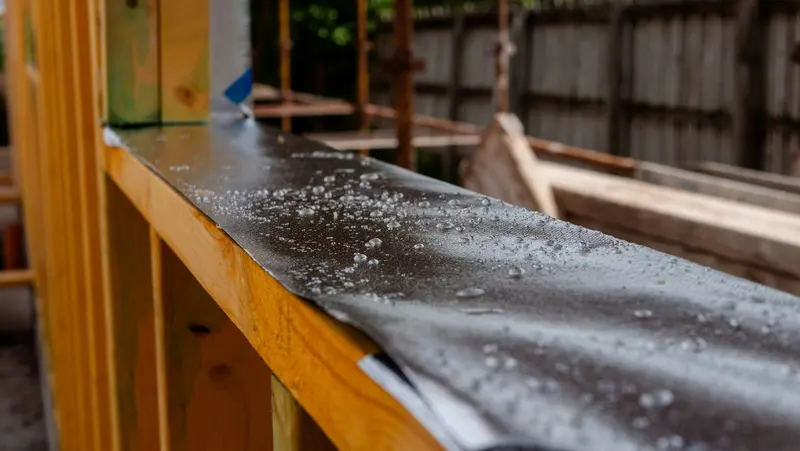 Black waterproofing membrane with rain drops on a wood-framed wall