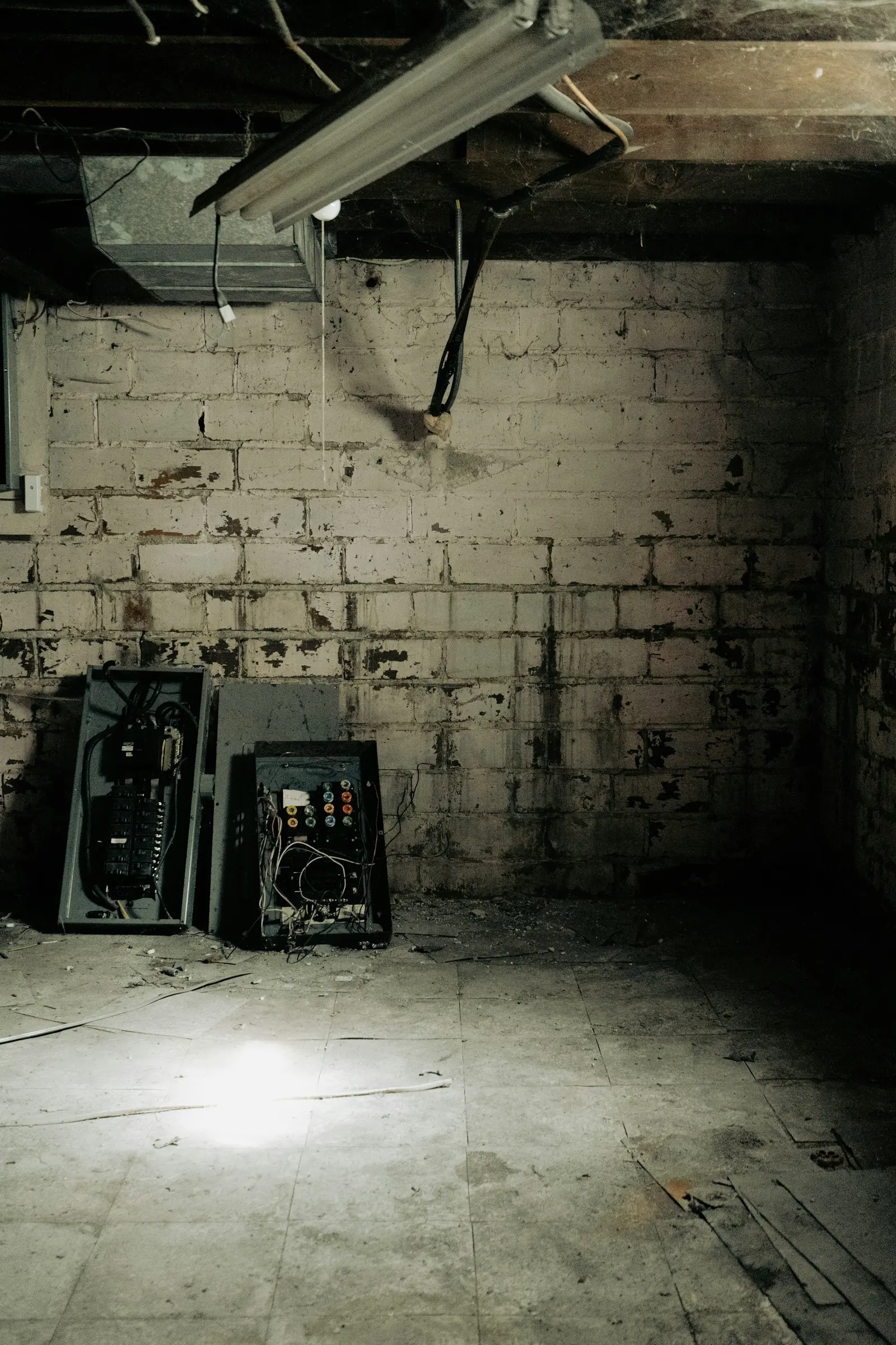 Concrete block basement wall with the old electrical panel and pipes exposed